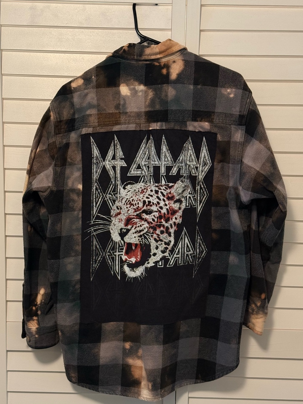 Distressed Bleach-dyed Plaid Button-Down Shirt - Def Leppard graphic panel
